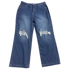 GILIPUR TL697 Dark Blue Distressed Wide Leg Ripped Jeans Womens XL